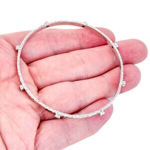 Vintage Sterling Silver 925 Hammered Cubic Zirconia Station Bangle Bracelet 8"